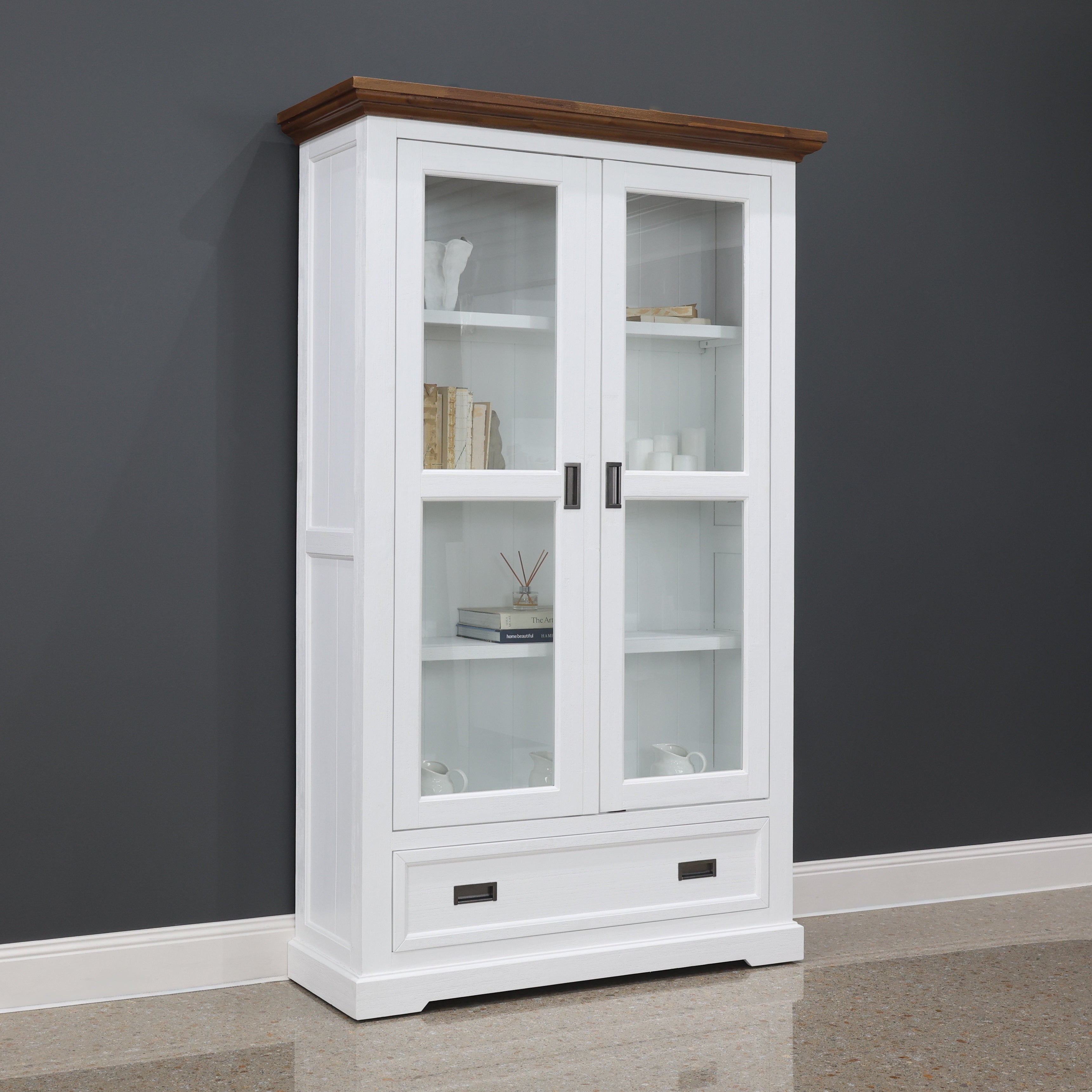 Provedore Two Tone Glass Display Cabinet - Double Door, 1 Drawer