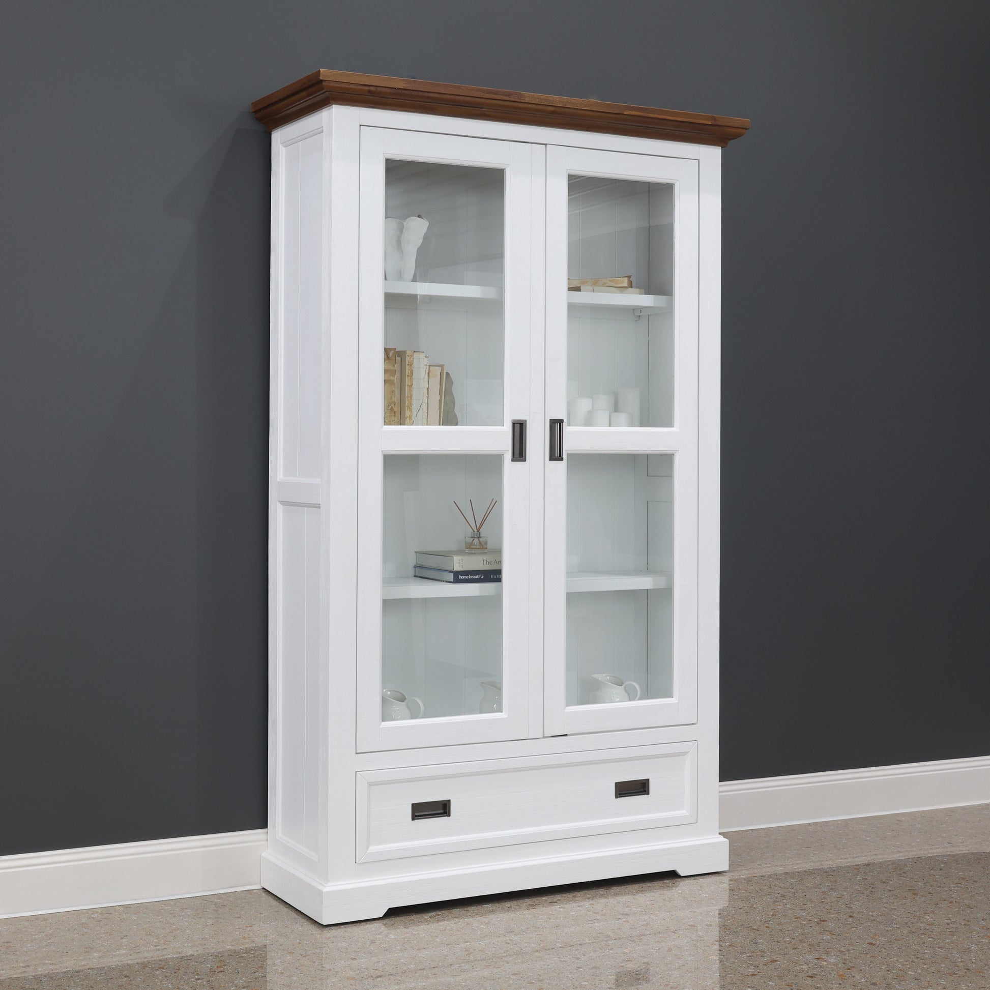 Provedore Two Tone Glass Display Cabinet - Double Door, 1 Drawer