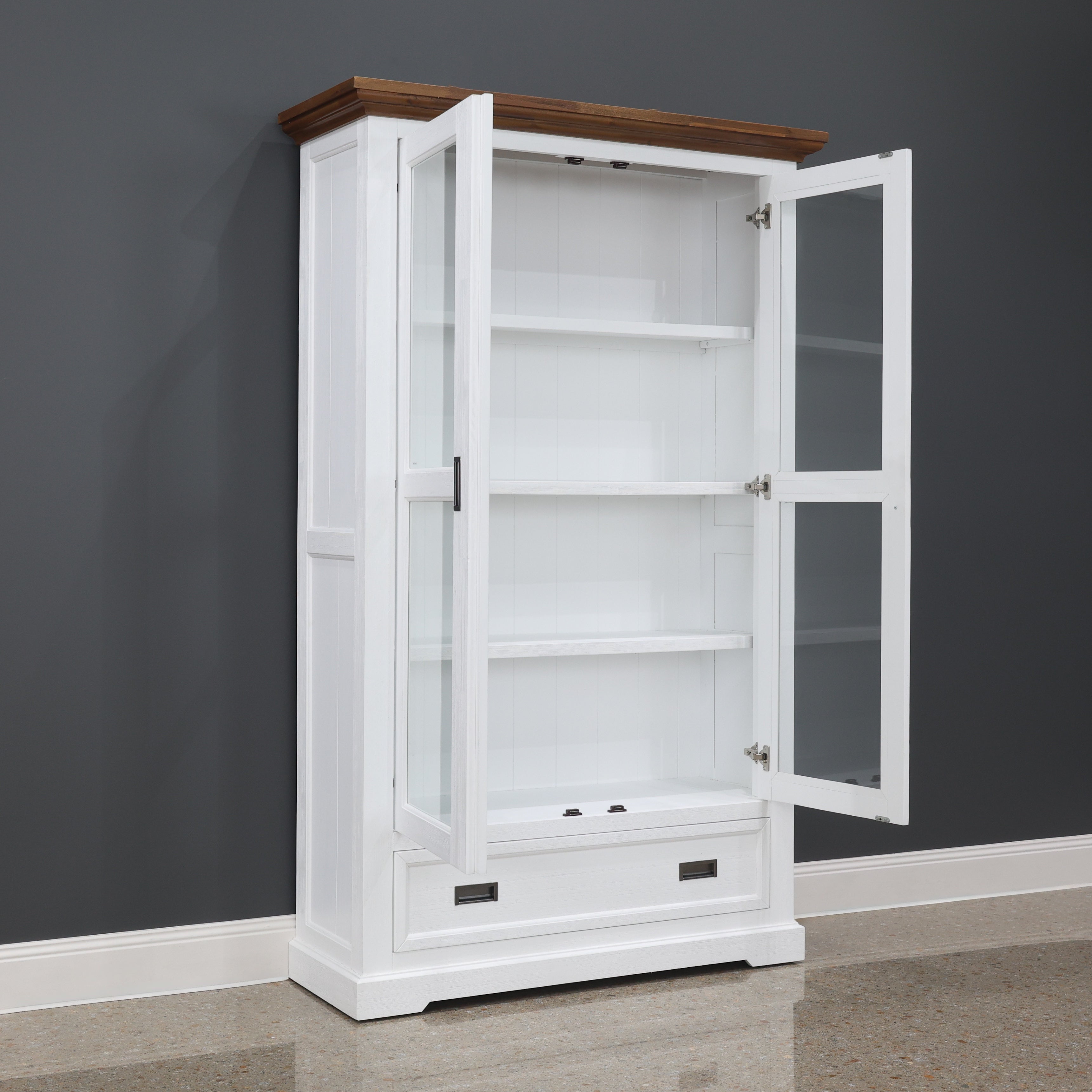 Provedore Two Tone Glass Display Cabinet - Double Door, 1 Drawer