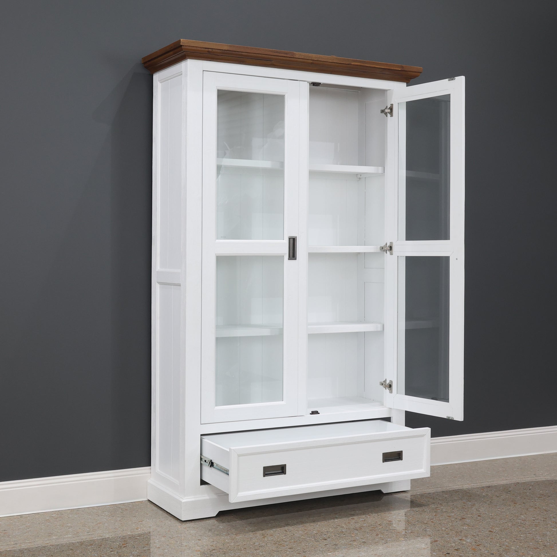 Provedore Two Tone Glass Display Cabinet - Double Door, 1 Drawer