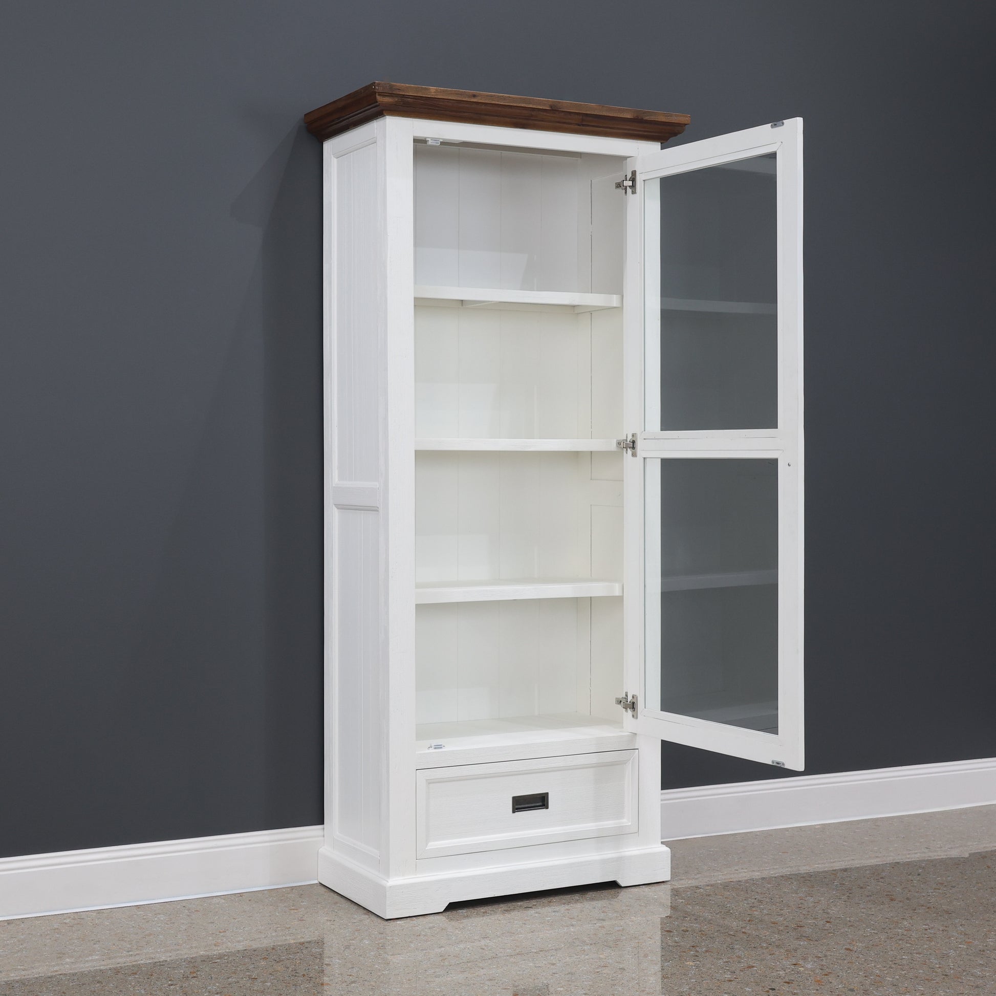 Provedore Two Tone Glass Display Cabinet - Single Door, 1 Drawer