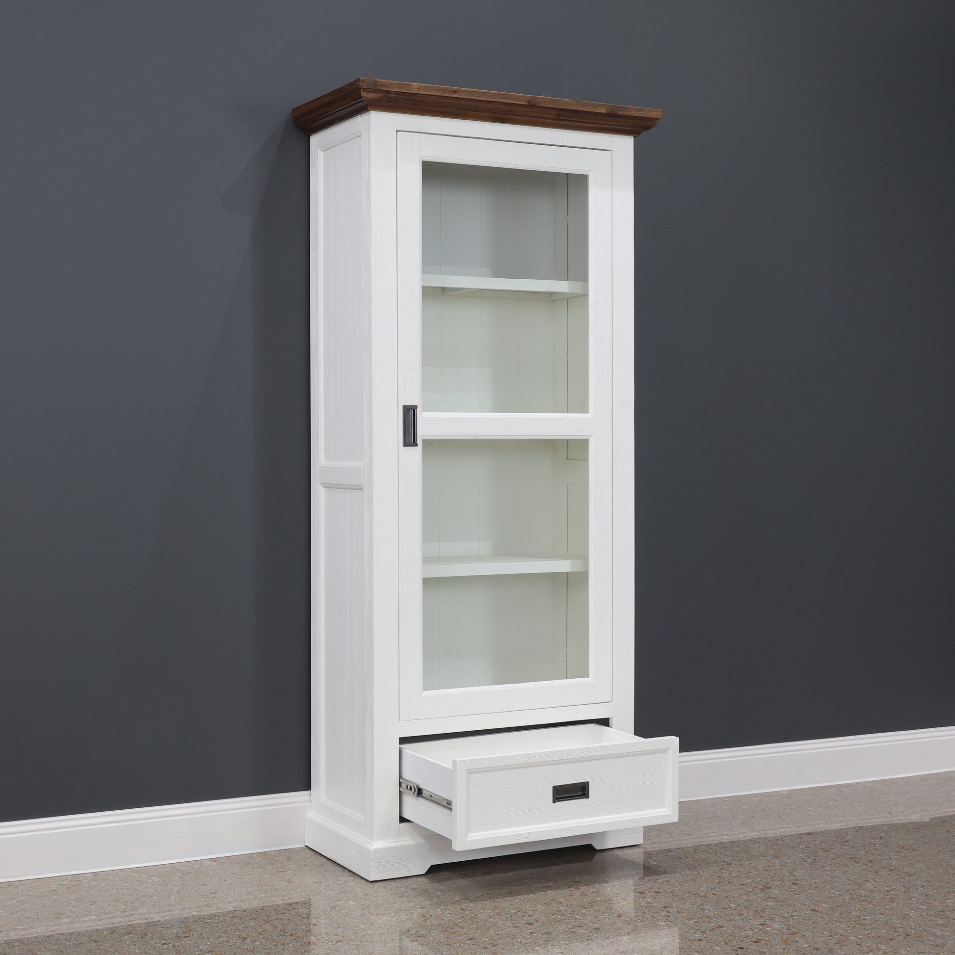 Provedore Two Tone Glass Display Cabinet - Single Door, 1 Drawer
