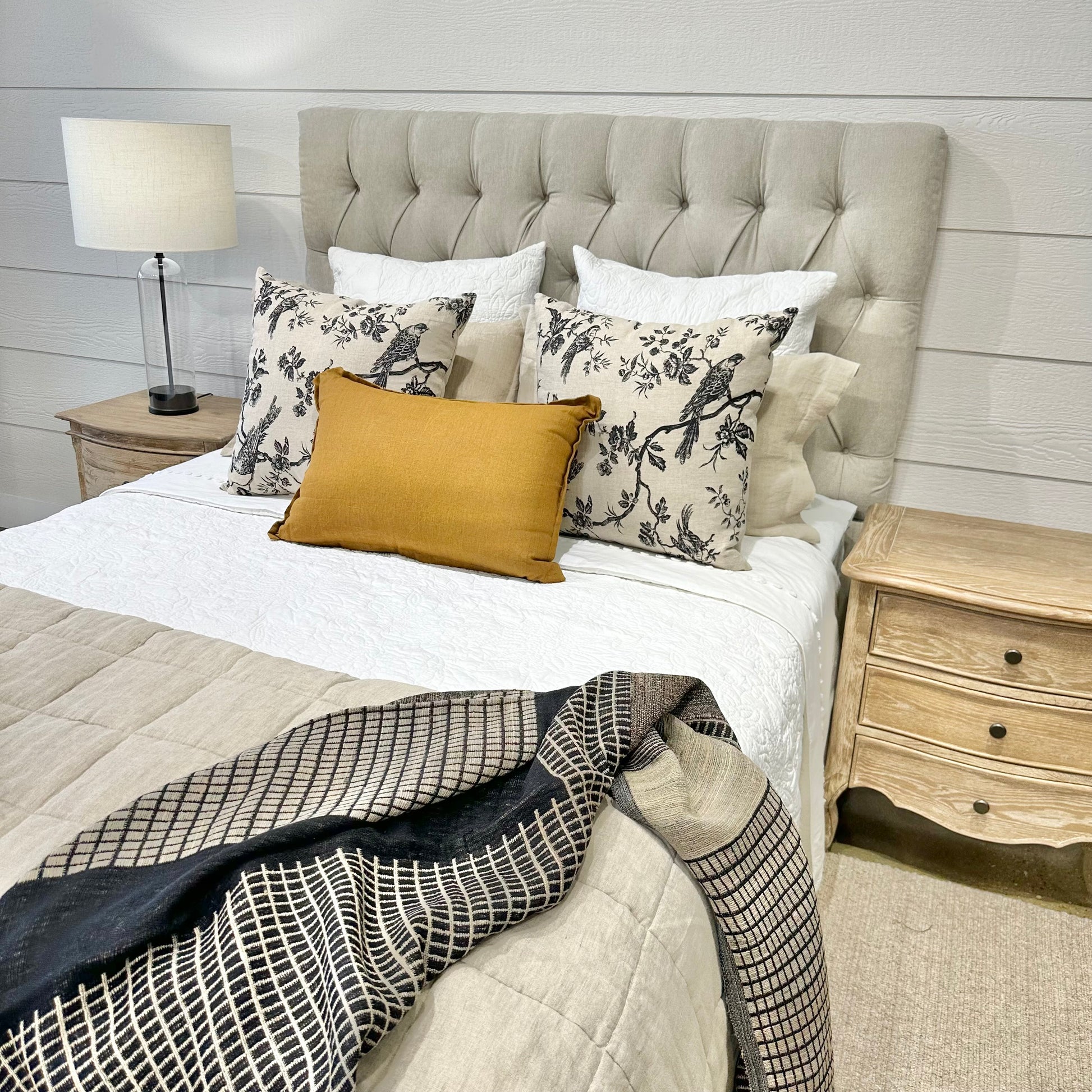 Hampton Upholstered Bedhead & Floating Base - Panama Wheat