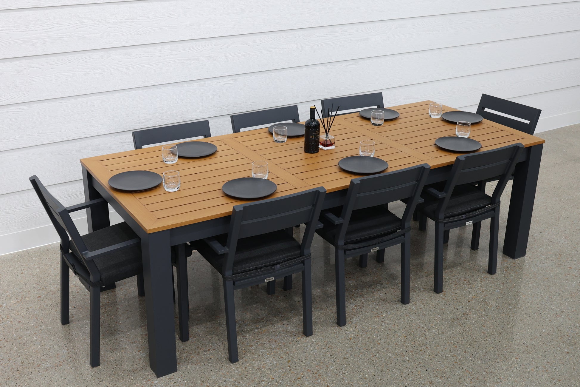 Mildura Rectangle Dining Table - Charcoal w/ Brushed Teak Top
