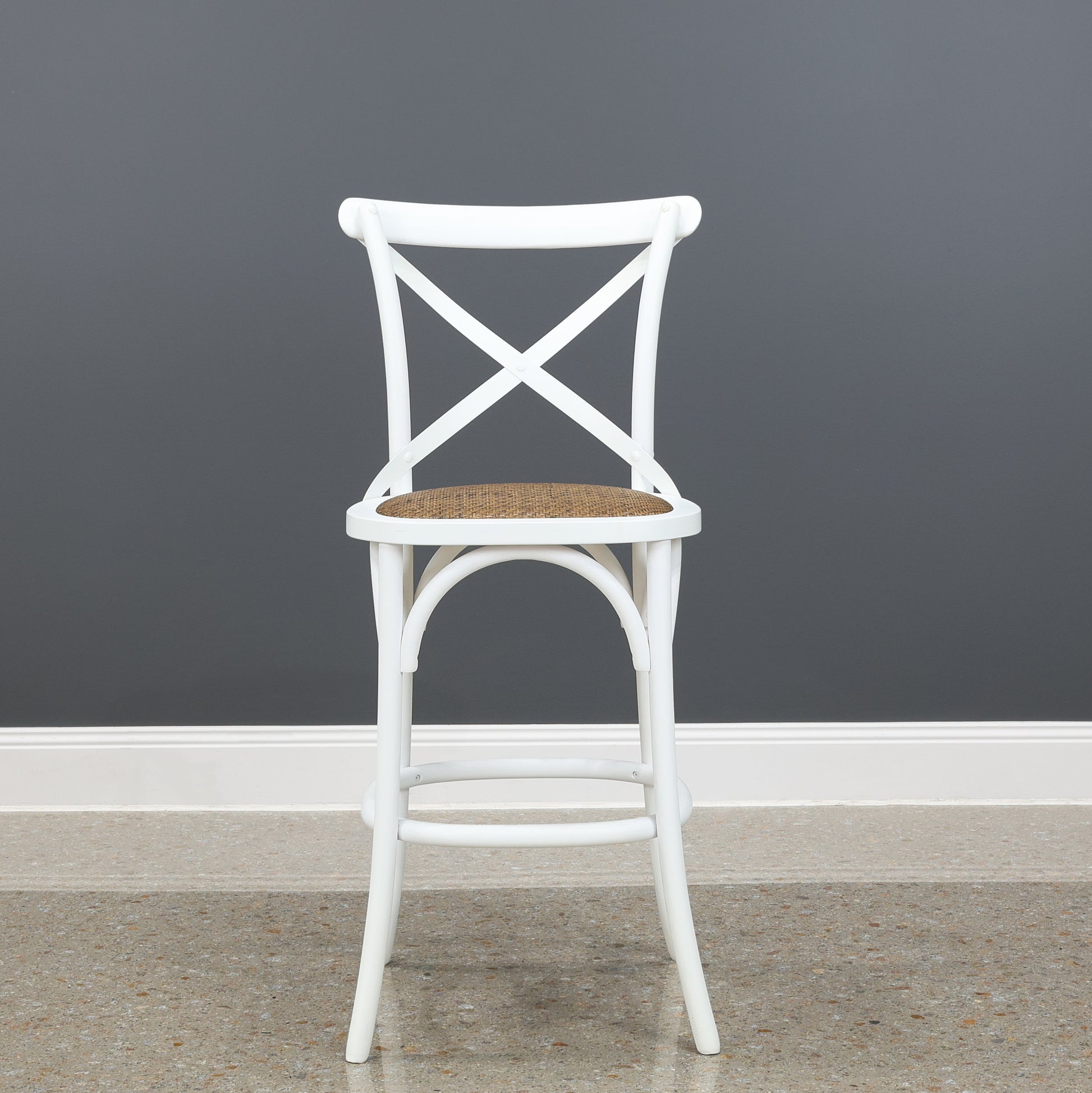 Cross Bar Stool w/ Rattan Seat - White