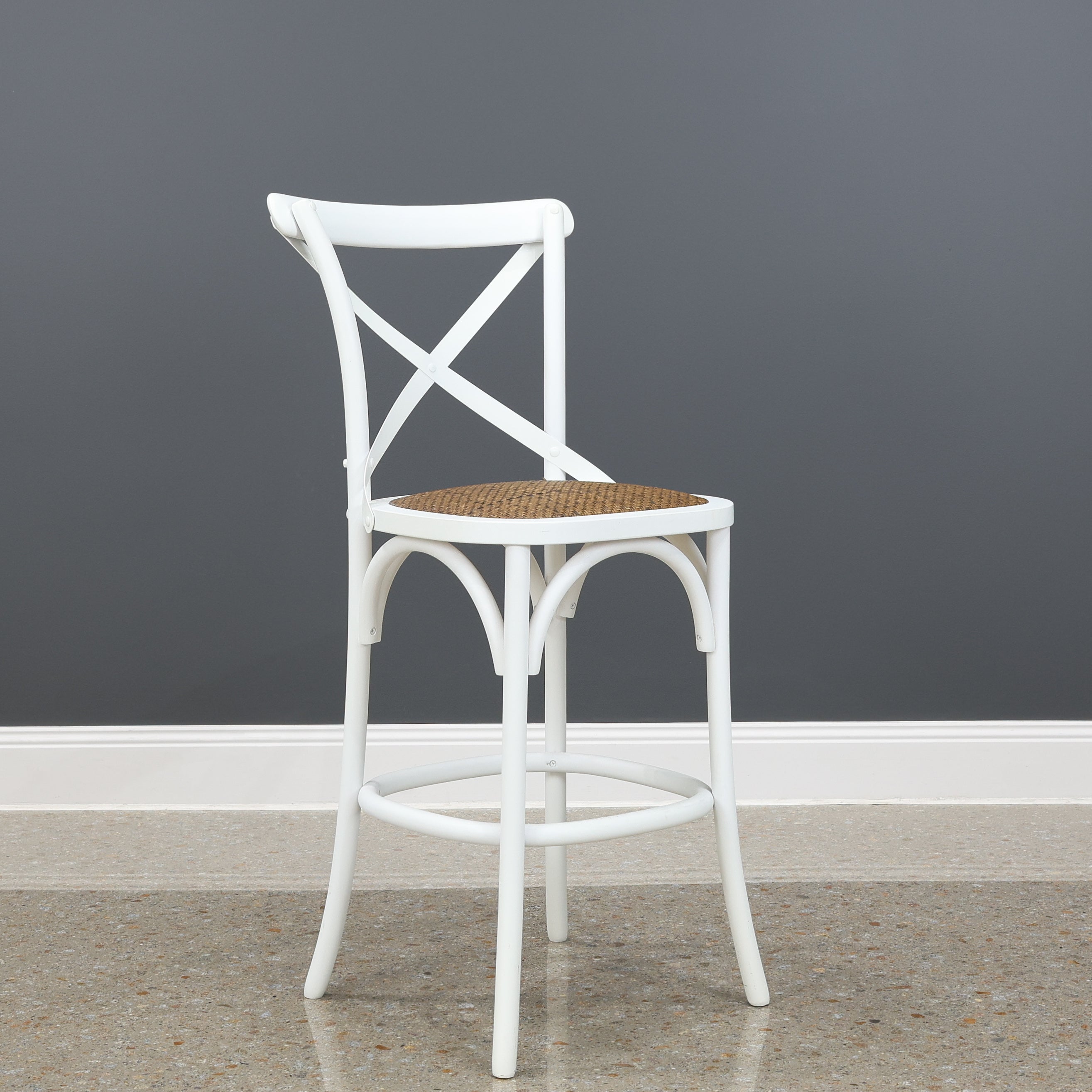 Cross Bar Stool w/ Rattan Seat - White
