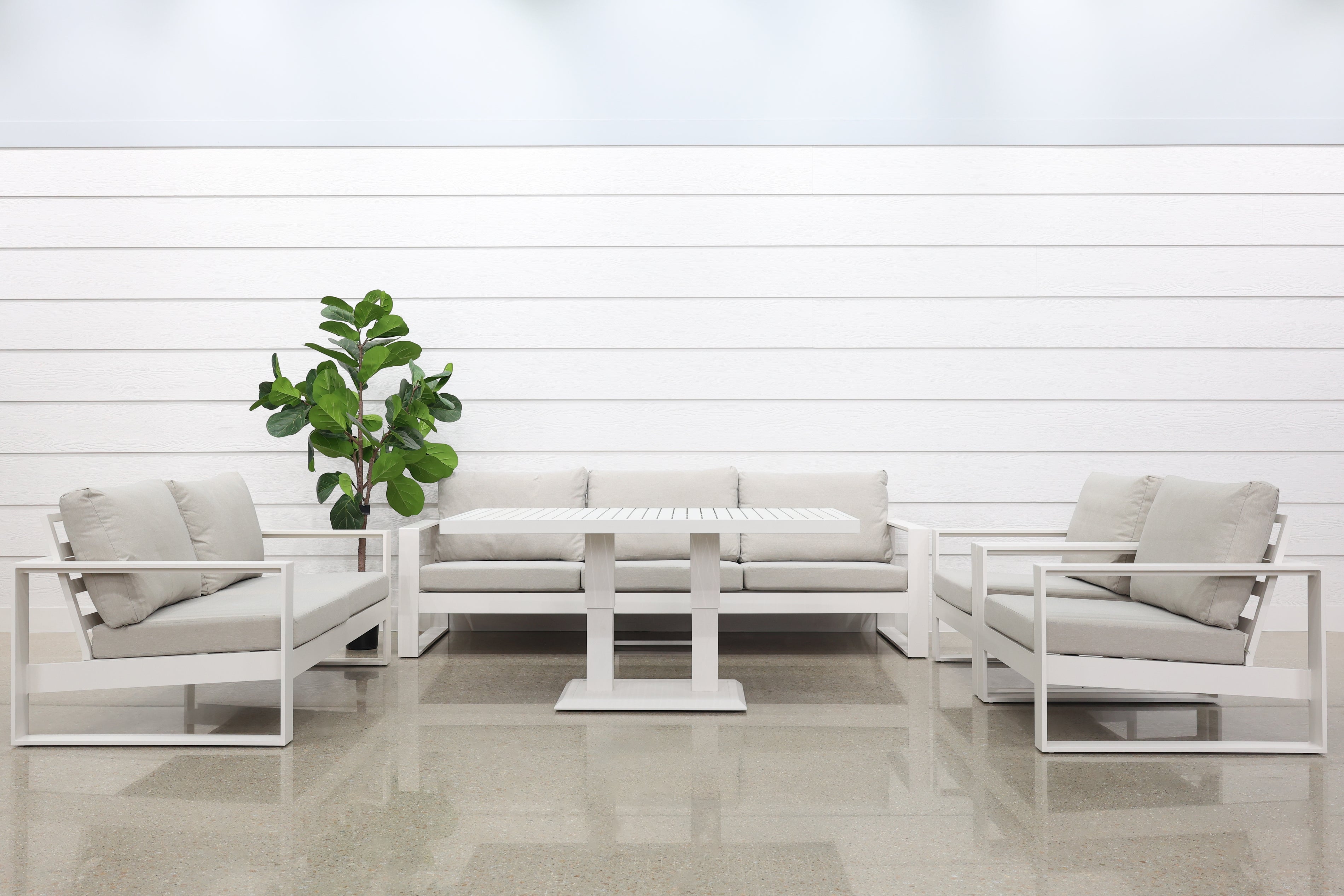 Palm Cove 5 Piece Lounge Set - White w/ Light Grey Cushions