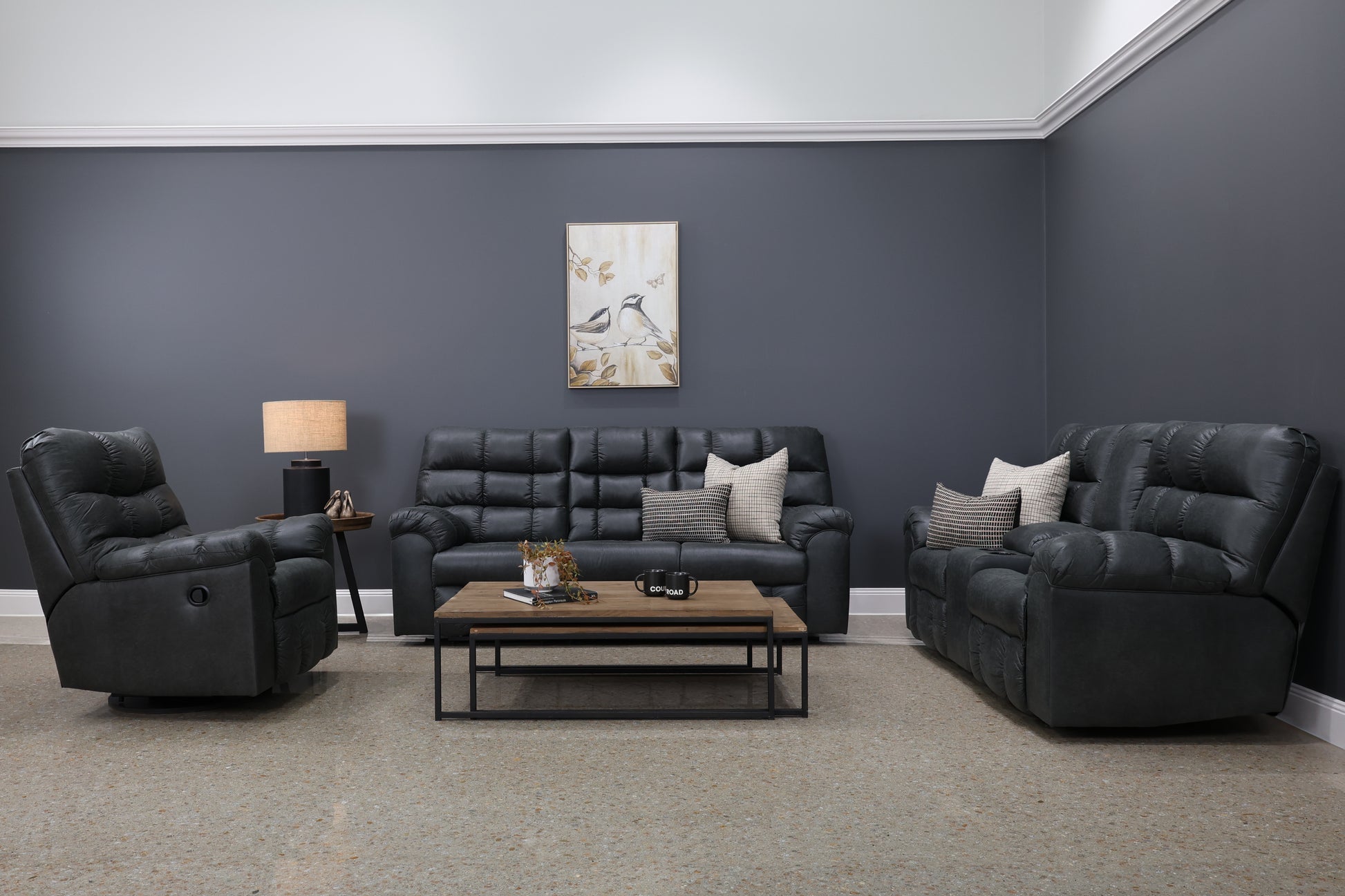 Waldara Reclining Sofa w/ Drop Down Table - Charcoal
