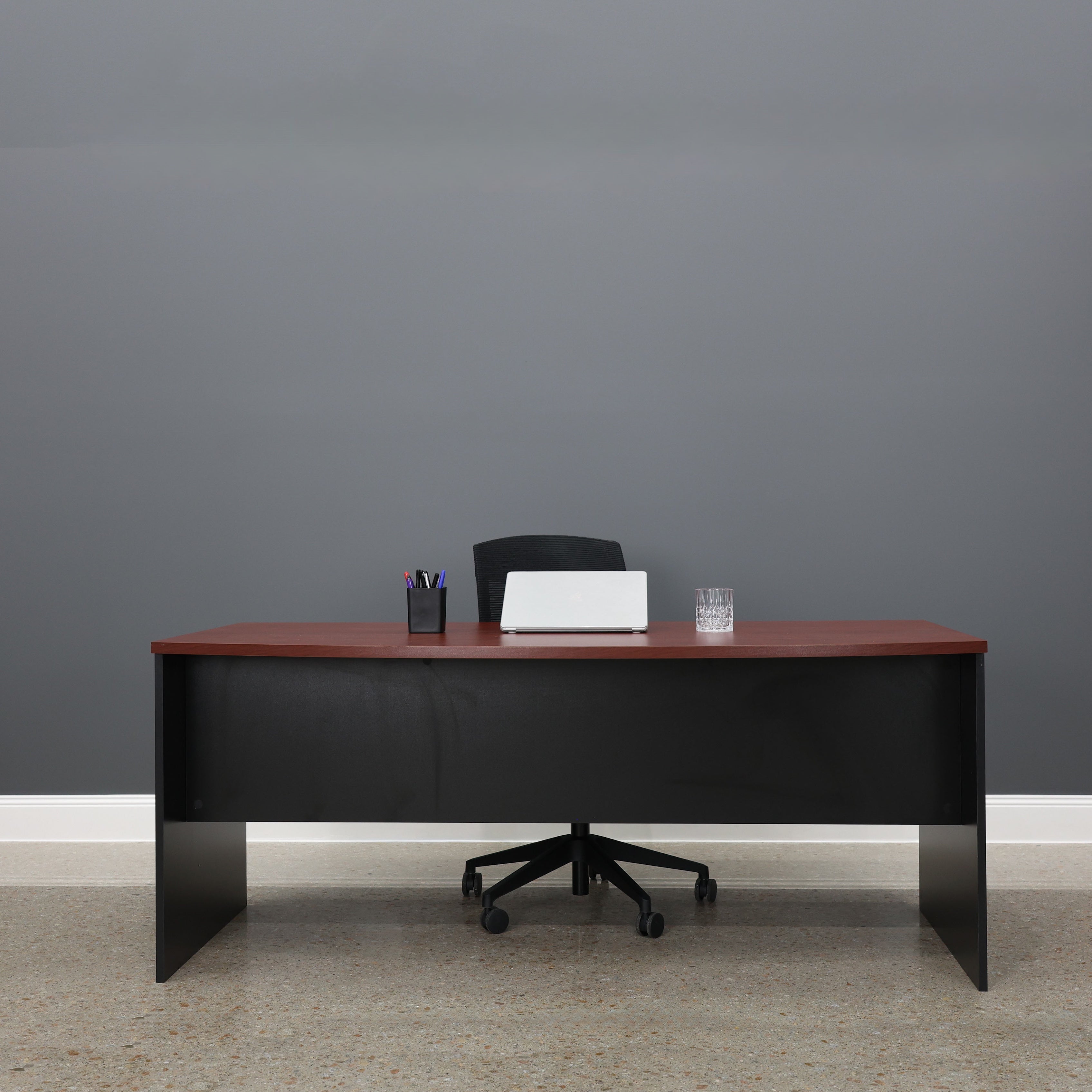 Performance Bow Front Desk - Red Gum/ Black