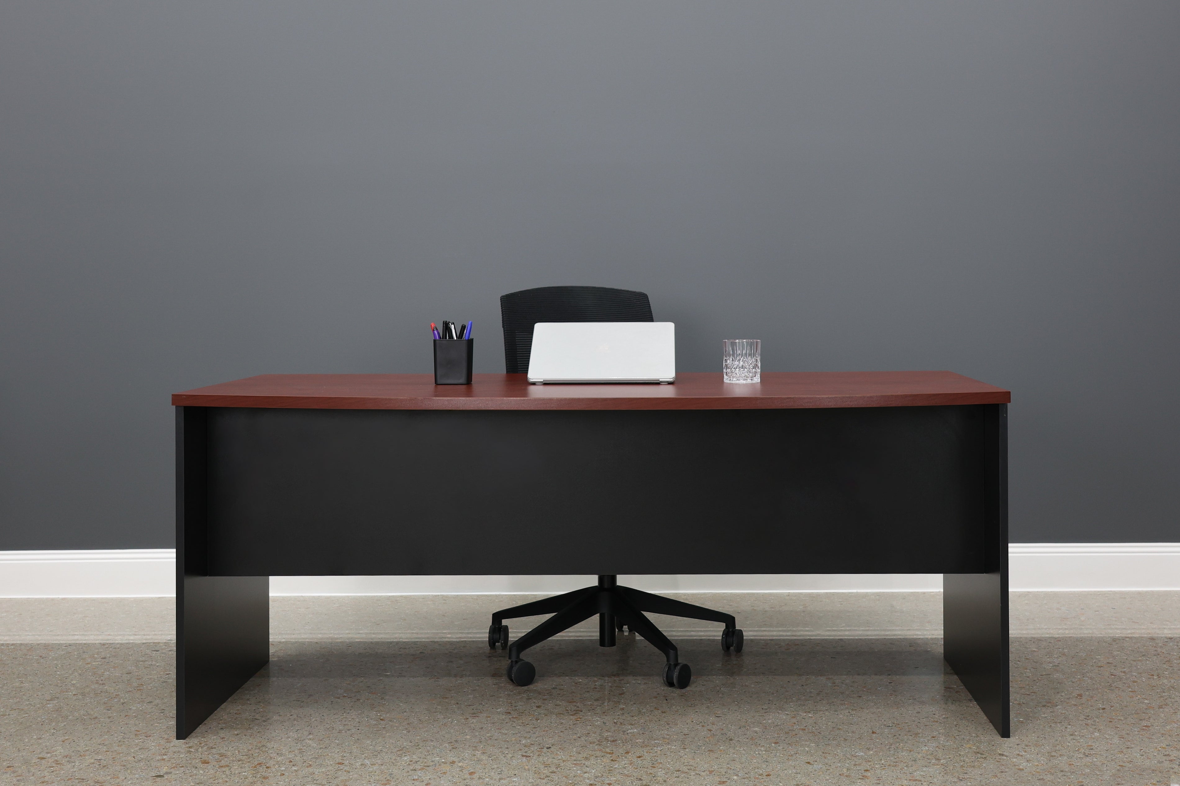 Performance Bow Front Desk - Red Gum/ Black