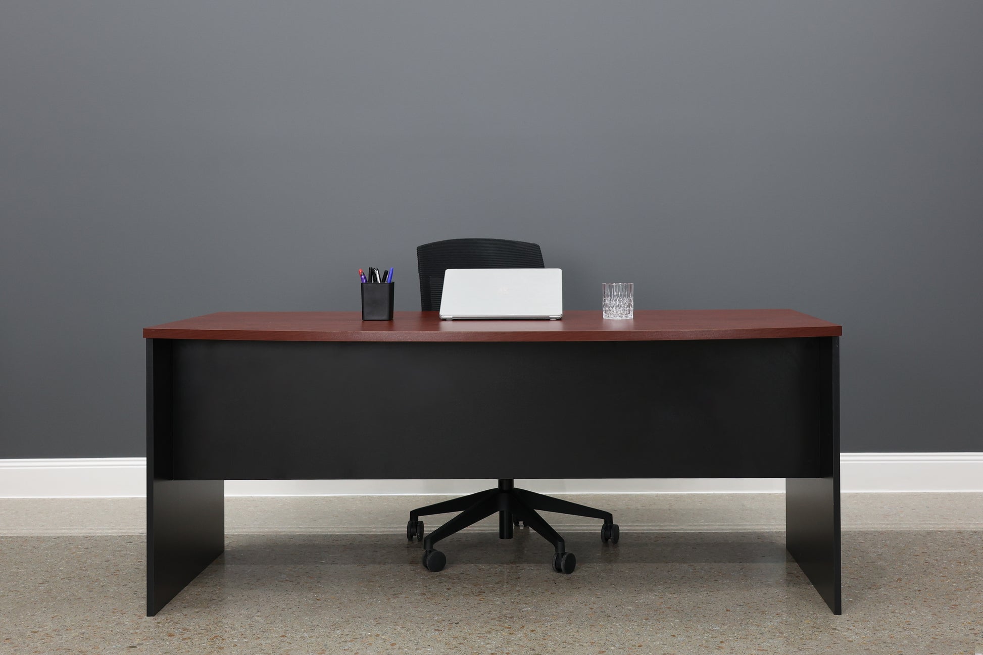 Performance Bow Front Desk - Red Gum/ Black
