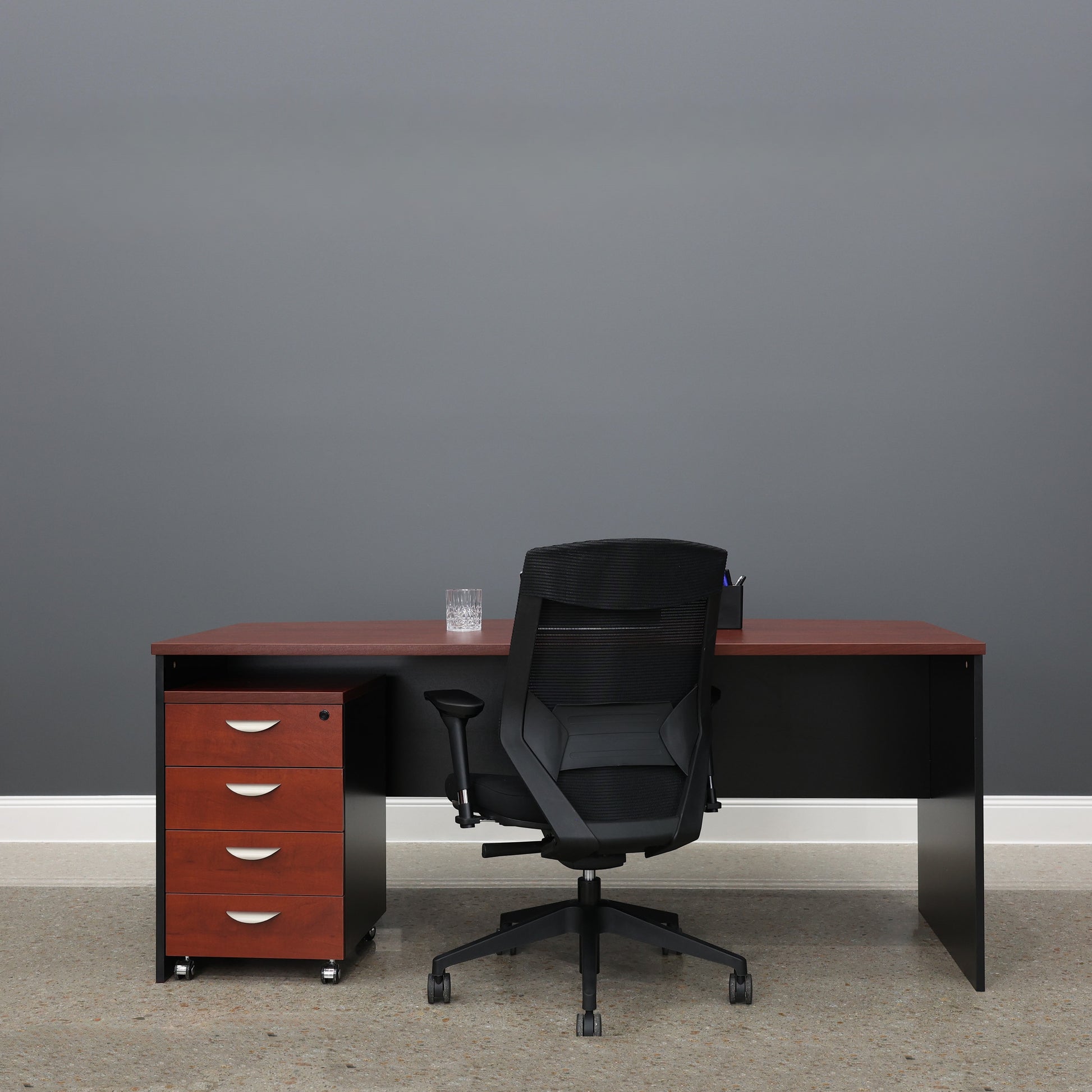 Performance Bow Front Desk - Red Gum/ Black