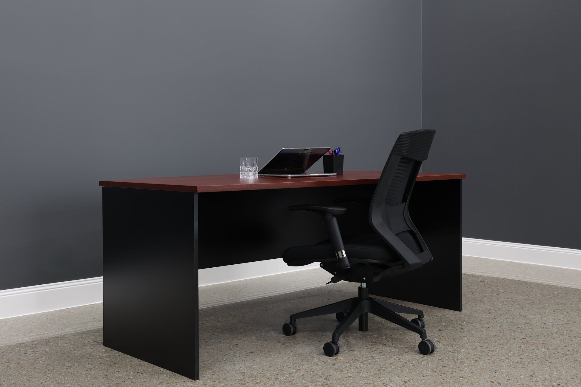 Performance Bow Front Desk - Red Gum/ Black