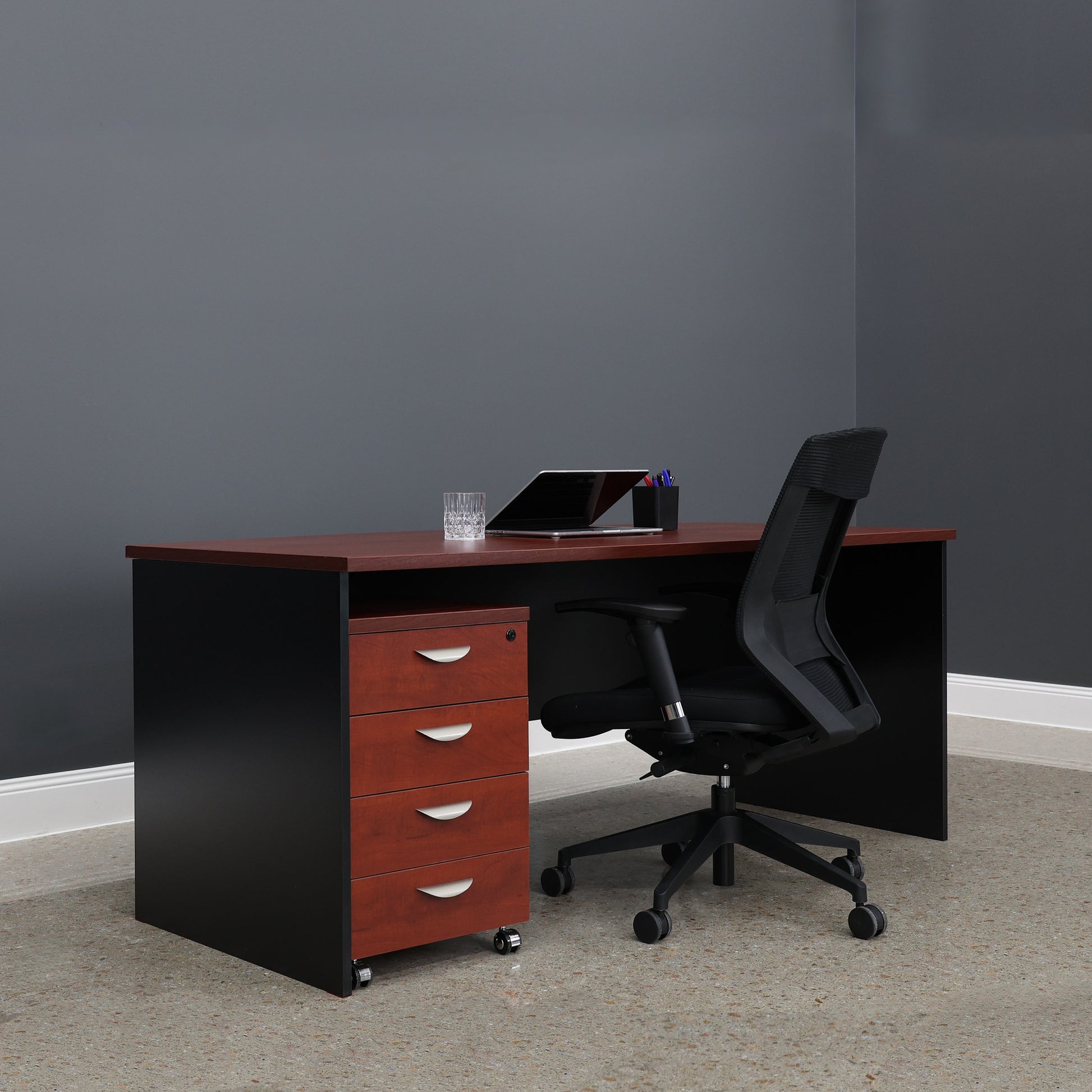 Performance Bow Front Desk - Red Gum/ Black