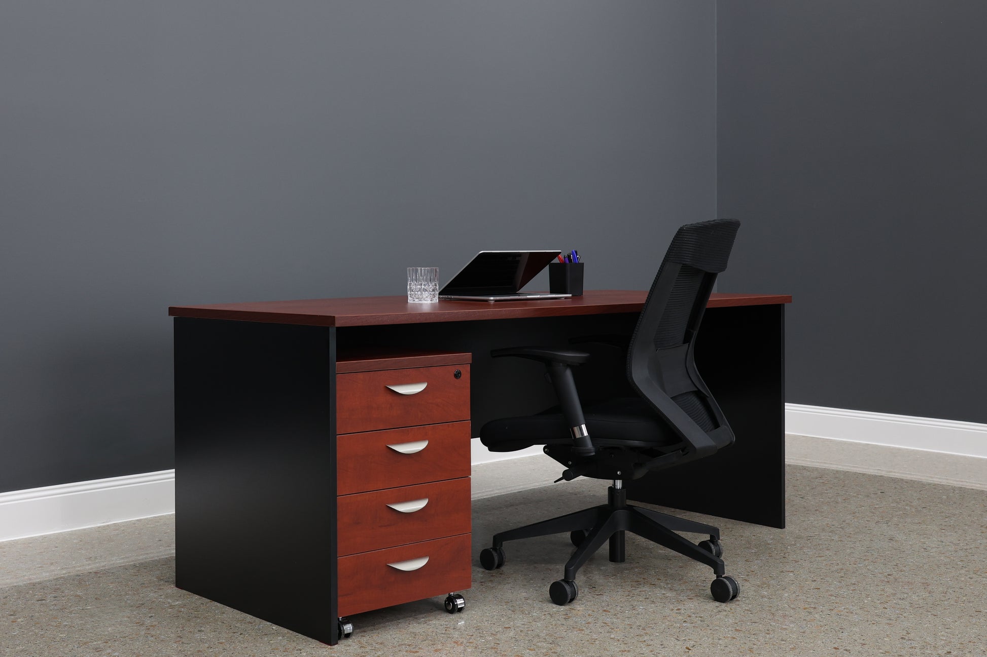 Performance Bow Front Desk - Red Gum/ Black
