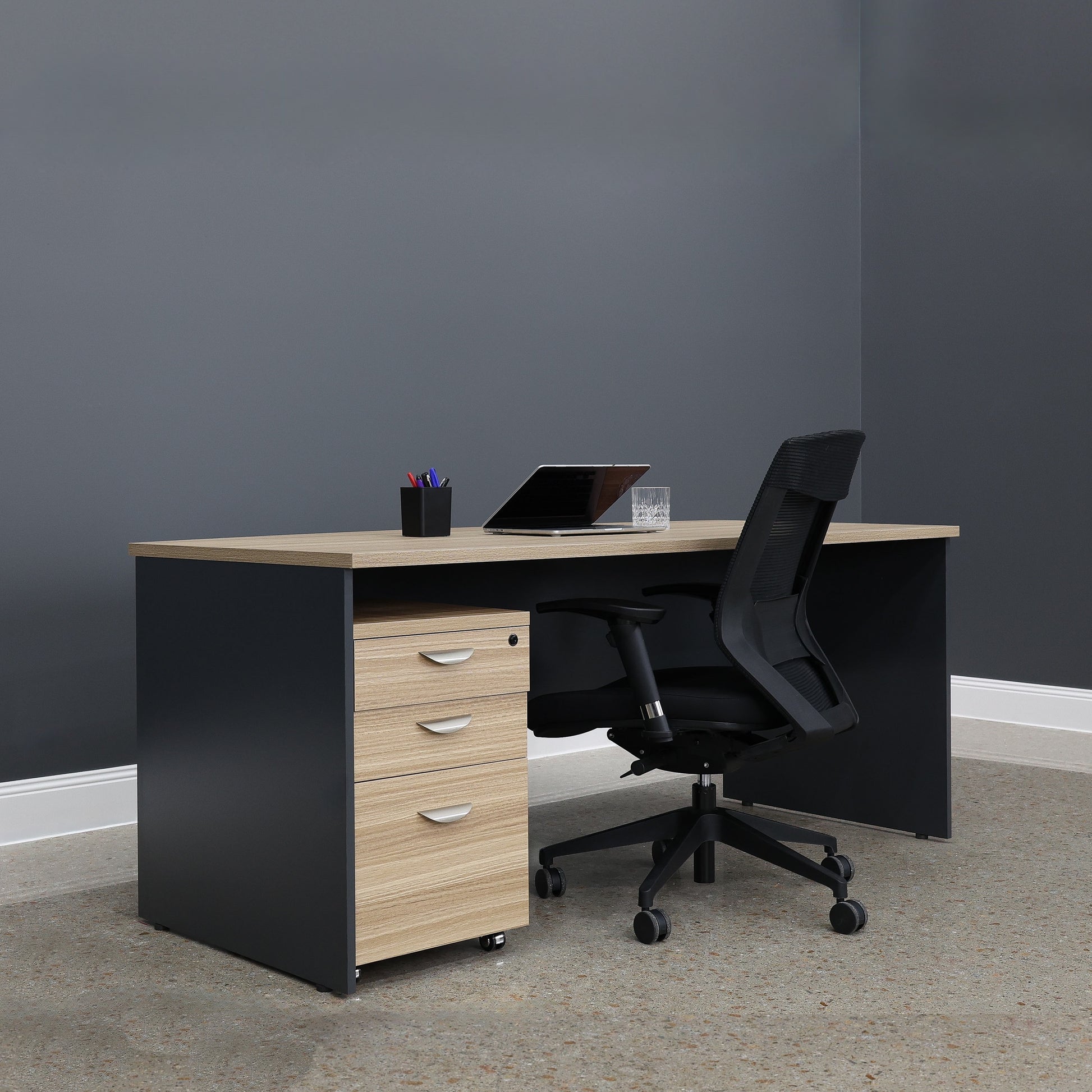 Performance Bow Front Desk - Natural Oak/ Charcoal