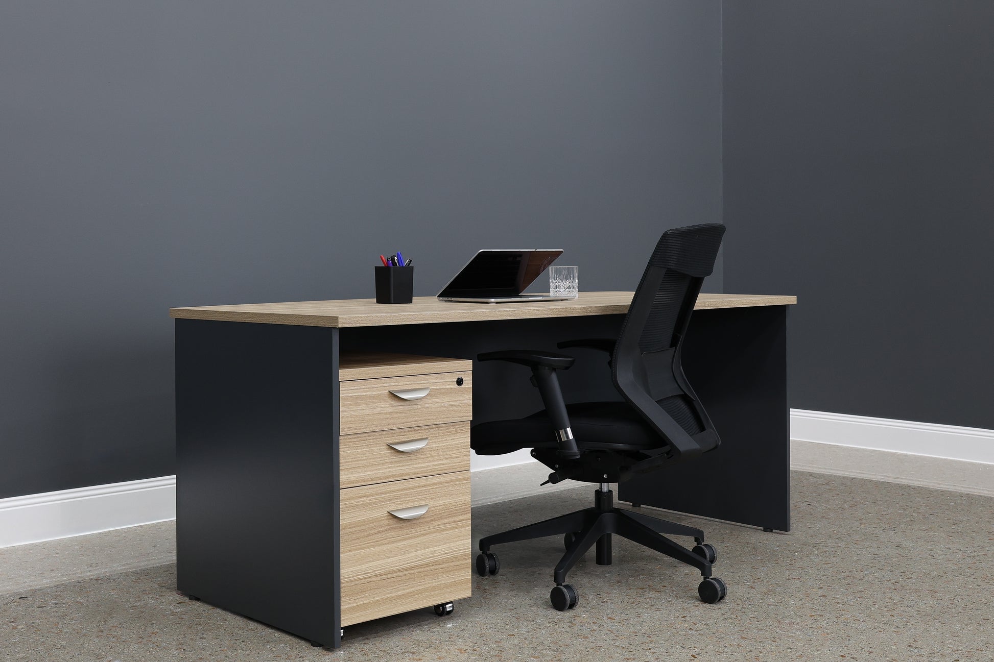 Performance Bow Front Desk - Natural Oak/ Charcoal