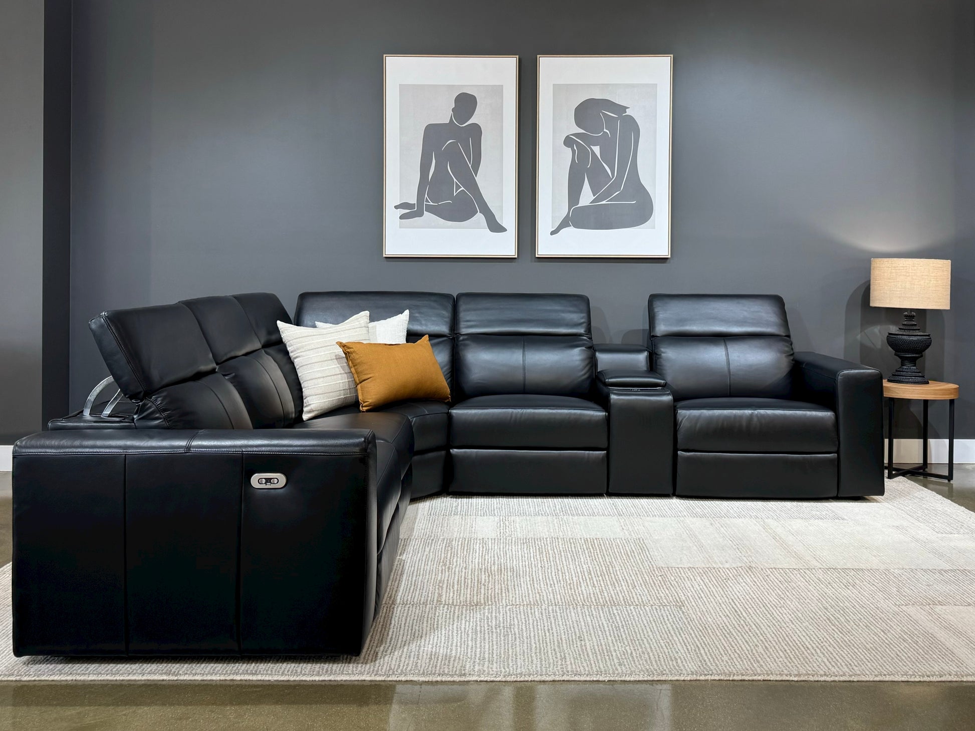 Coffs Harbour Electric Corner Lounge - Black Leather (LAF/Armless/Corner/Armless/Bar/RAF)