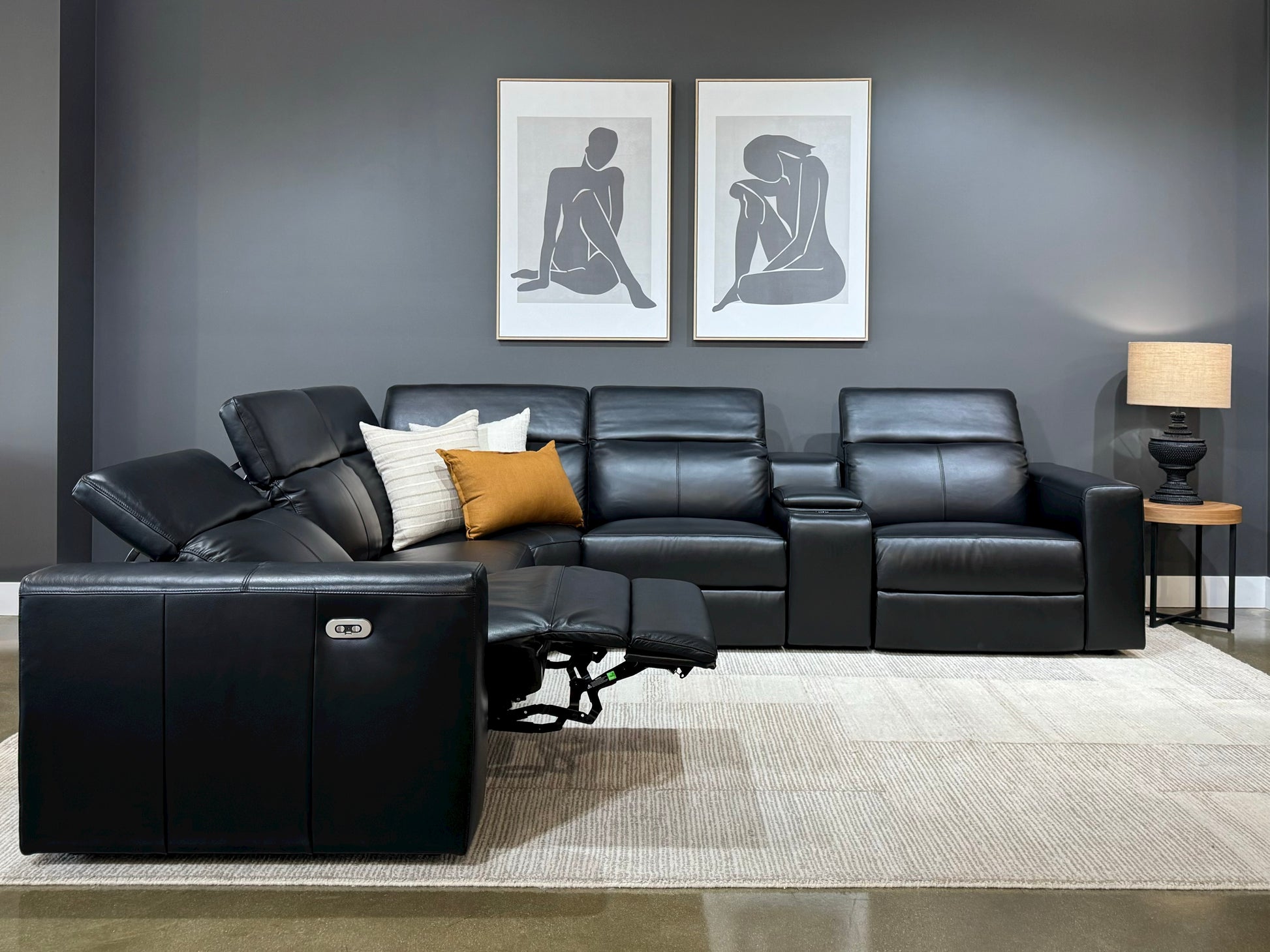 Coffs Harbour Electric Corner Lounge - Black Leather (LAF/Armless/Corner/Armless/Bar/RAF)