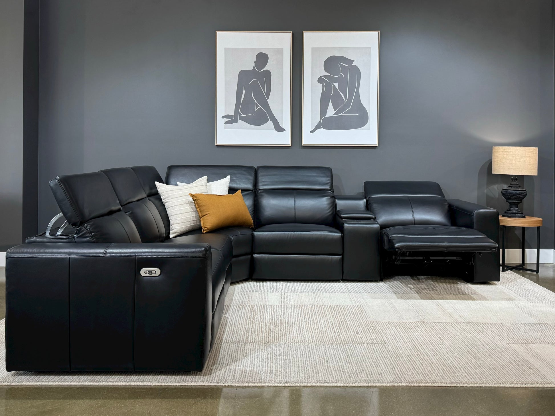 Coffs Harbour Electric Corner Lounge - Black Leather (LAF/Armless/Corner/Armless/Bar/RAF)