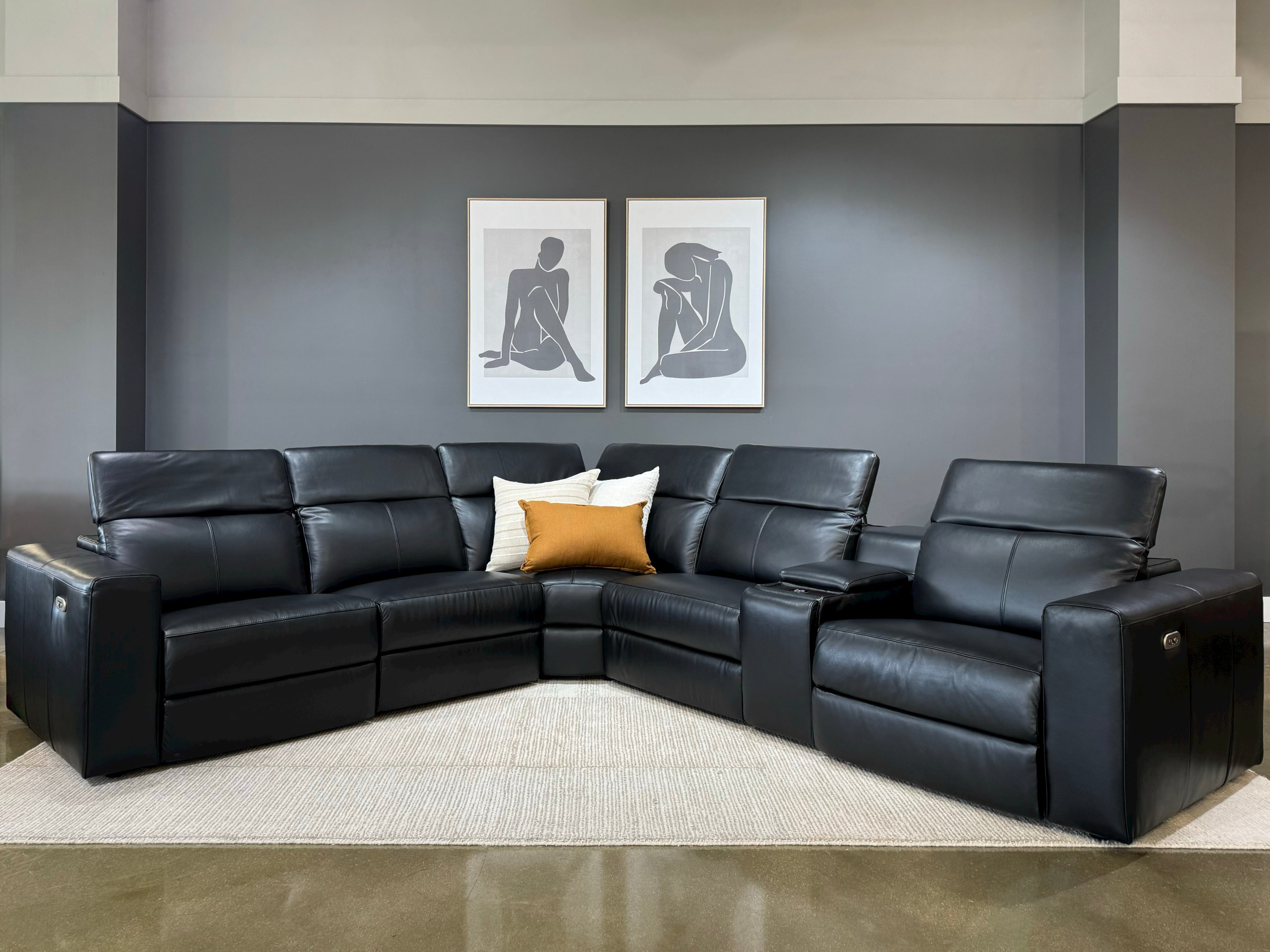 Coffs Harbour Electric Corner Lounge - Black Leather (LAF/Armless/Corner/Armless/Bar/RAF)