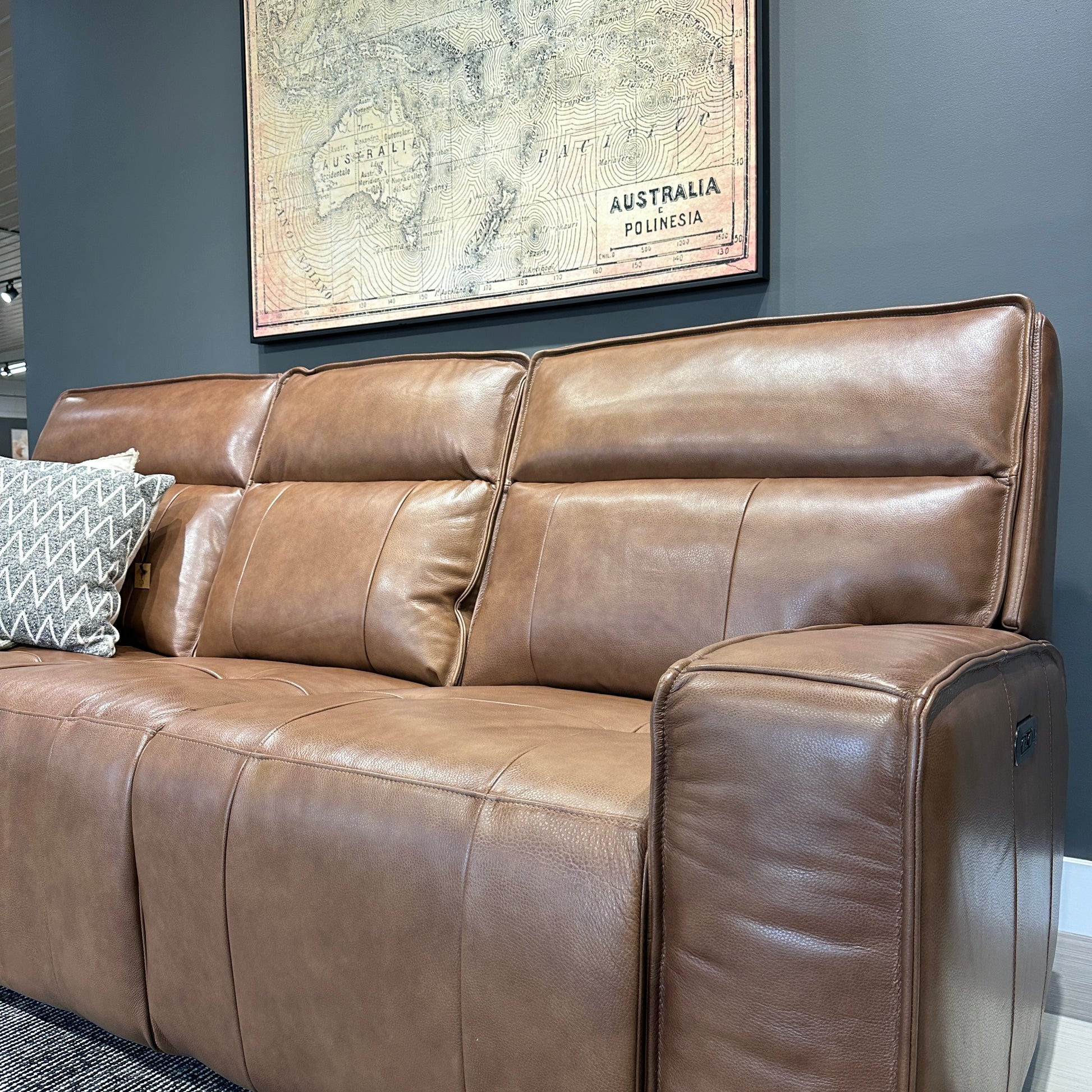 Boston 3 Seater Dual Power Sofa - Brown Leather