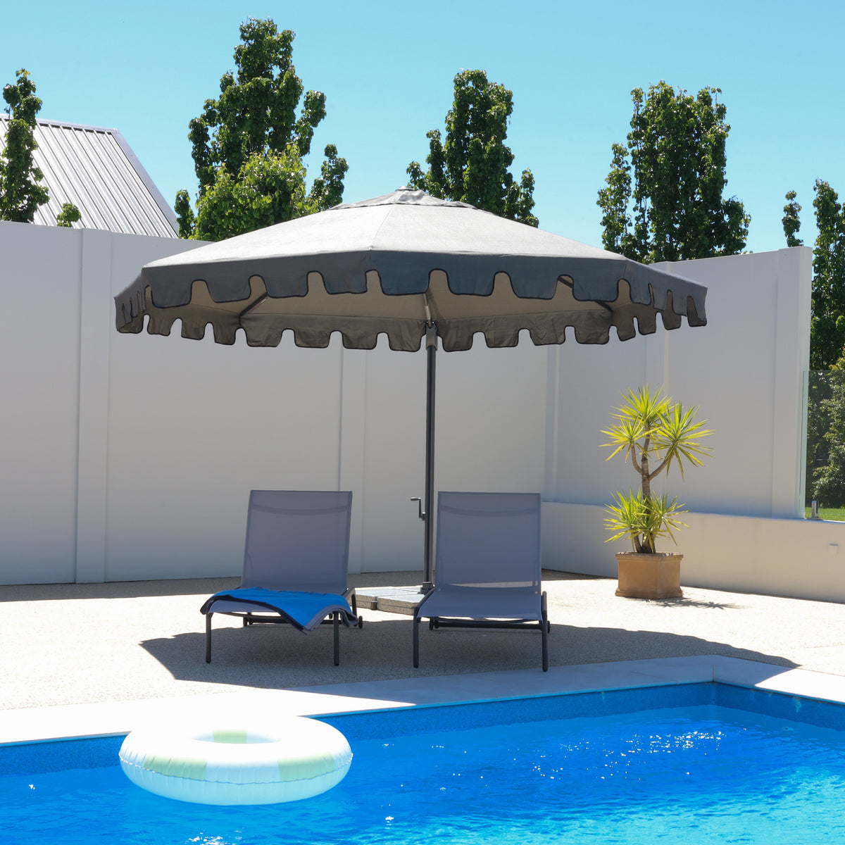 Montego Octagonal Scalloped Umbrella - Charcoal w/ Granite Base