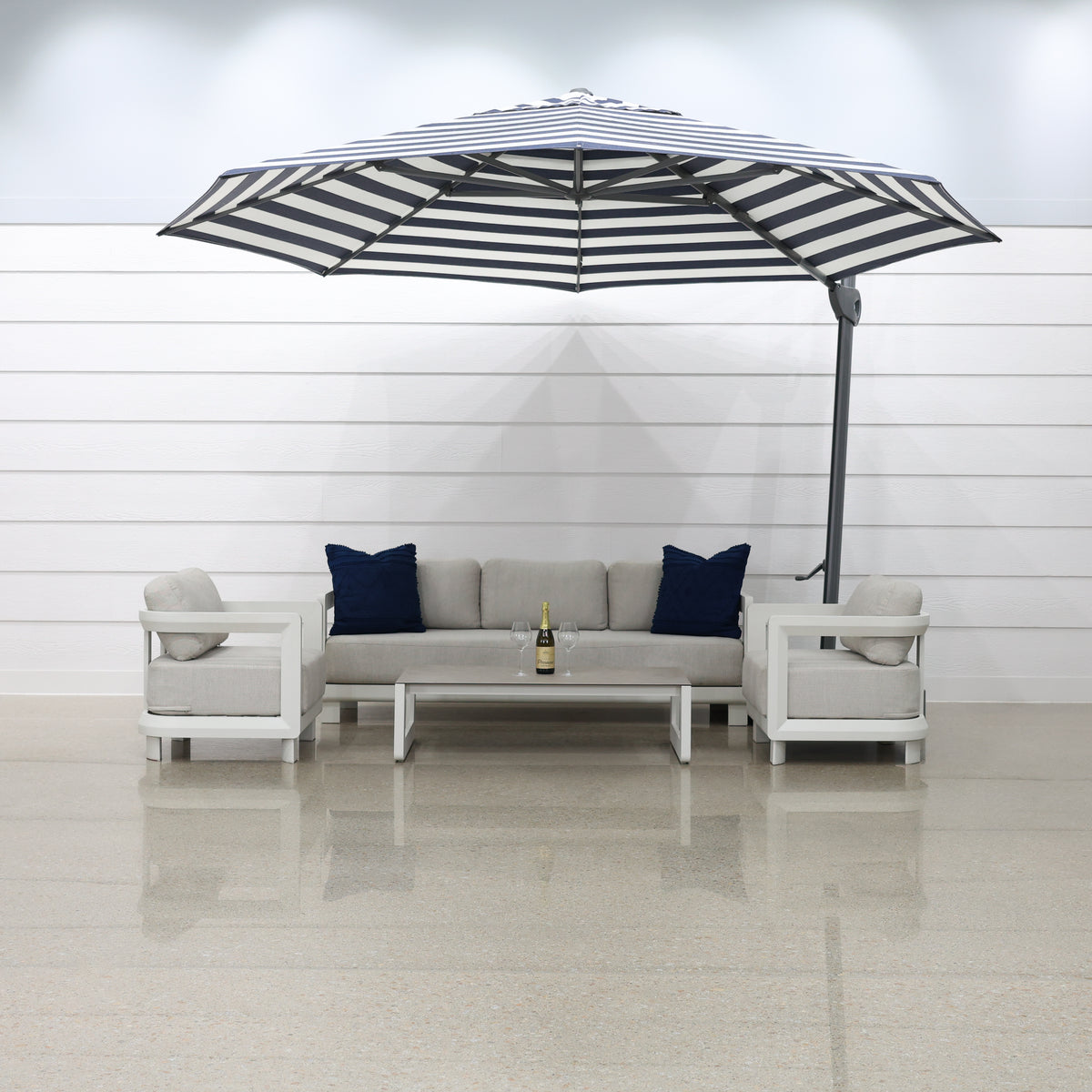 Savannah 380cm Octagonal Cantilever Umbrella - Navy Stripe w/ Ceramic Base