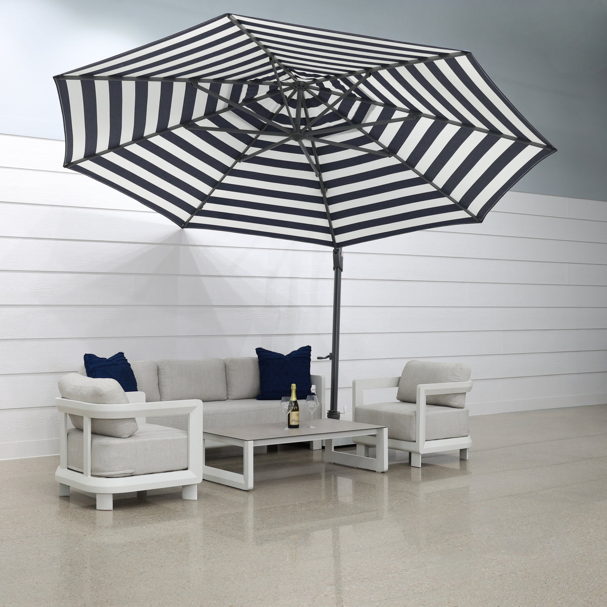 Savannah 380cm Octagonal Cantilever Umbrella - Navy Stripe w/ Ceramic Base