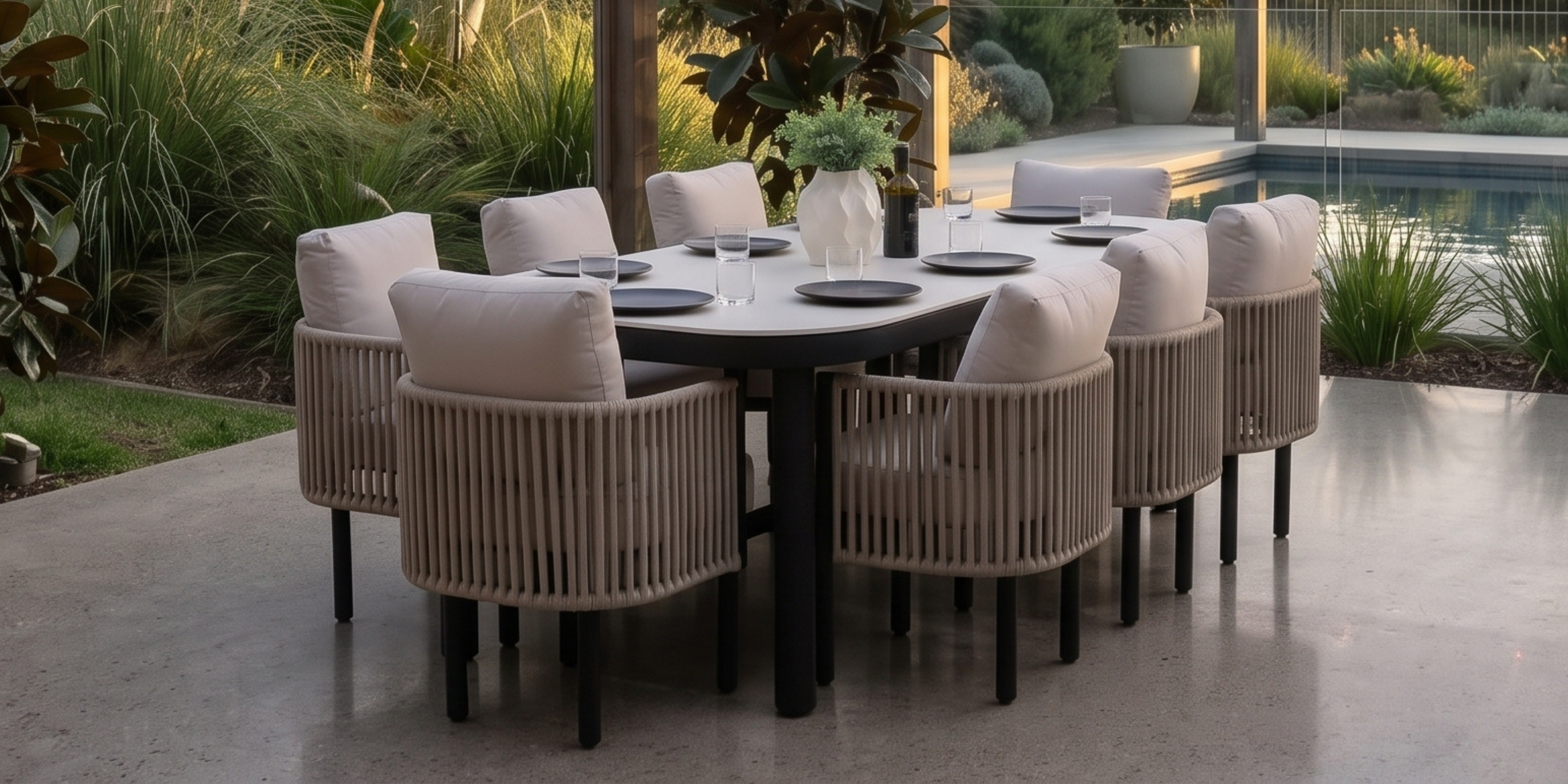 An outdoor dining set featuring a round dark table and eight woven beige armchairs with light beige cushions, set on a patio next to a swimming pool.